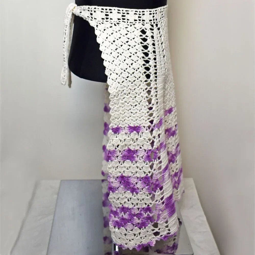 Vintage Handmade Crochet Half Apron White Purple Boho Farmhouse Kitchen Cottage